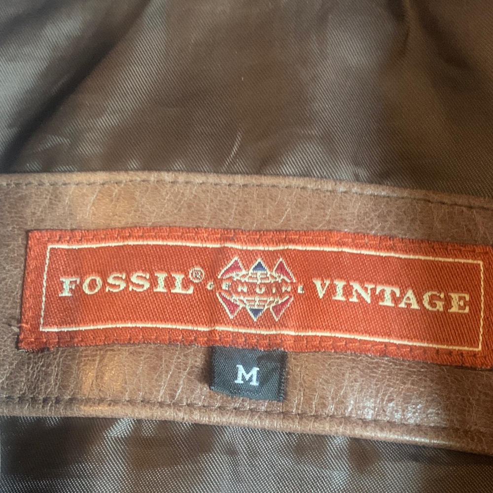Fossil Vintage Brown Leather Bomber Jacket with Red Label